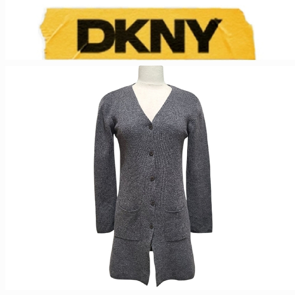 DKNY Vintage Y2K Wool Long Cardigan Gray Button Front Sz M